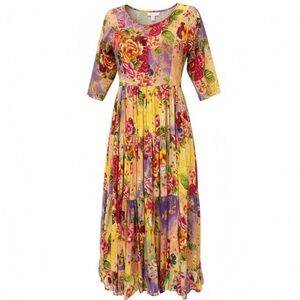 Papillon Vintage Floral Cotton Crepe Tiered Maxi Dress, Medium, Boho Cottage